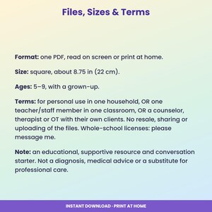 May include: A digital document titled Files, Sizes & Terms. It specifies a square PDF format of 8.75 inches, intended for ages 5-9 with adult supervision. It outlines personal use terms, usage restrictions, and a medical disclaimer for the resource.