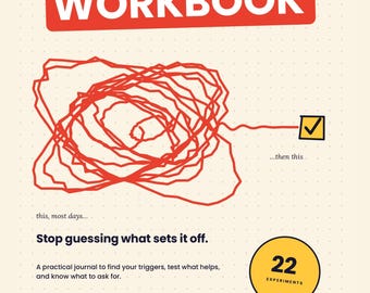 May include: A workbook titled The Misophonia Workbook by Adam Bucklow. The cover features a red scribble, a yellow checkbox, and a yellow circle with the text 22 EXPERIMENTS. It includes the text Stop guessing what sets it off and A practical journal to find your triggers, test what helps, and know what to ask for. The bottom indicates it is a fillable PDF.