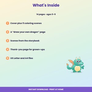 May include: A digital coloring book information sheet titled What's Inside, featuring 14 pages for ages 5-9. It lists 11 coloring scenes, a draw your own dragon page, storybook scenes, a thank-you page, and US Letter and A4 files with a green dragon.