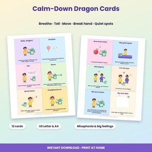 May include: Two sheets of Calm-Down Dragon Cards featuring twelve colorful squares with illustrations of a child and a green dragon. Each card includes text instructions for emotional regulation, such as Breathe, Tell, Move, and Break hand.