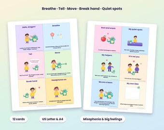 Może przedstawiać: Dwa arkusze kart Calm-Down Dragon zawierające dwanaście kolorowych kwadratów z ilustracjami dziecka i zielonego smoka. Każda karta zawiera instrukcje tekstowe dotyczące regulacji emocji, takie jak Breathe, Tell, Move i Break hand.