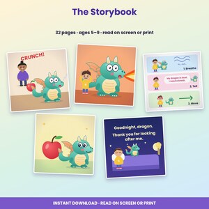 May include: A digital storybook titled The Storybook with 32 pages for ages 5-9. It features illustrations of a child and a green dragon. Scenes include the dragon eating an apple, breathing fire, and a guide for breathing, telling, and moving.