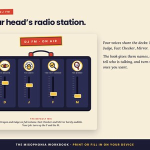 Puede incluir: Una ilustraci&oacute;n gr&aacute;fica titulada MEET DJ FM Your head's radio station que muestra una consola de mezclas azul oscuro con cuatro deslizadores etiquetados como D, J, F y M. Cada deslizador tiene un icono circular que representa a The Dragon, The Judge, The Fact Checker y The Mirror.