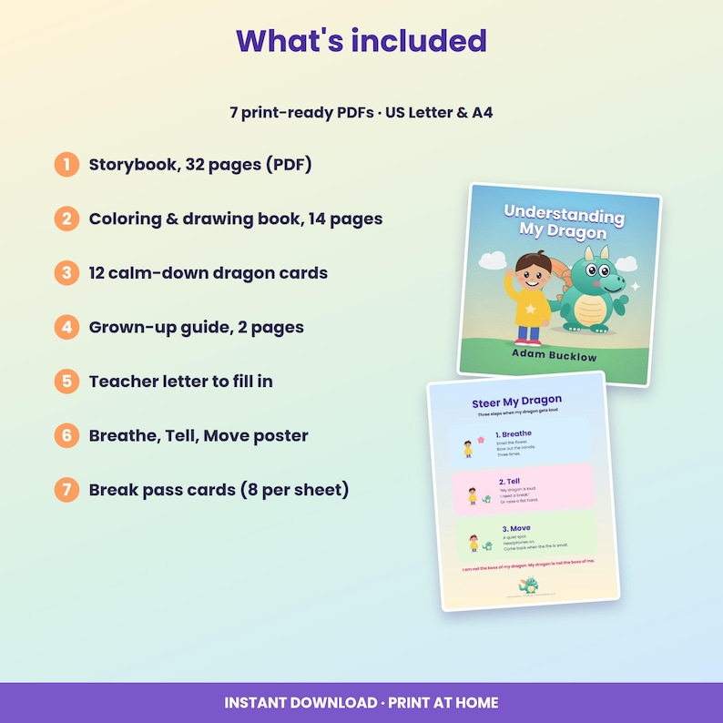 May include: A digital product listing titled What's included, featuring 7 print-ready PDFs in US Letter and A4 sizes. The list includes a 32-page storybook, a 14-page coloring book, 12 calm-down cards, a 2-page guide, a teacher letter, and posters.
