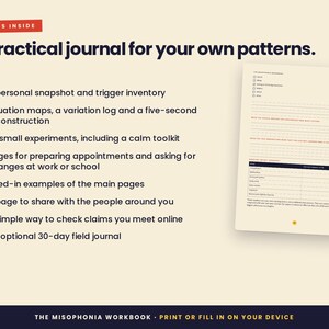 Puede incluir: Un diario de color crema titulado The Misophonia Workbook con una lista de contenidos que incluye una instant&aacute;nea personal, mapas de situaci&oacute;n, 22 experimentos, p&aacute;ginas de preparaci&oacute;n de citas, ejemplos rellenados y un diario de campo de 30 d&iacute;as.