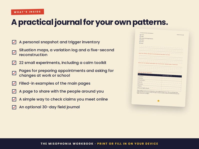 Puede incluir: Un diario de color crema titulado The Misophonia Workbook con una lista de contenidos que incluye una instant&aacute;nea personal, mapas de situaci&oacute;n, 22 experimentos, p&aacute;ginas de preparaci&oacute;n de citas, ejemplos rellenados y un diario de campo de 30 d&iacute;as.