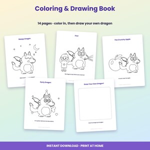 May include: A 14-page coloring and drawing book featuring black and white line art of dragons. Pages include titles like Sleepy Dragon, Fire, The Crunchy Apple, Party Dragon, and Draw Your Own Dragon, with prompts for coloring and creative drawing.
