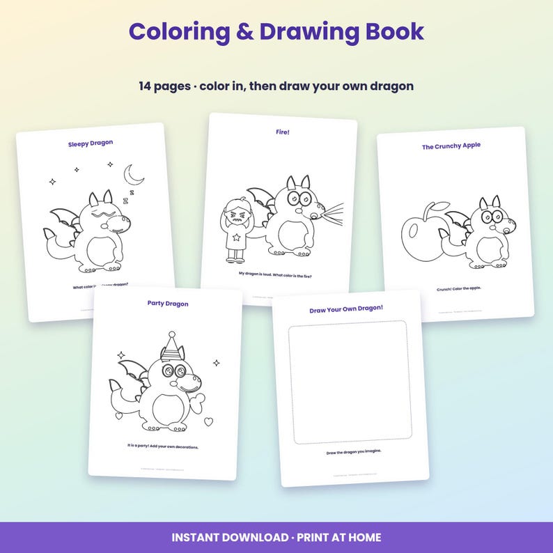 May include: A 14-page coloring and drawing book featuring black and white line art of dragons. Pages include titles like Sleepy Dragon, Fire, The Crunchy Apple, Party Dragon, and Draw Your Own Dragon, with prompts for coloring and creative drawing.