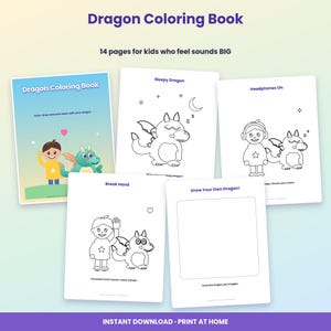 May include: A Dragon Coloring Book with 14 pages for kids who feel sounds BIG. The cover features a child and a dragon, while interior pages show line art of a sleepy dragon, a child with headphones, a break hand sign, and a blank drawing space.