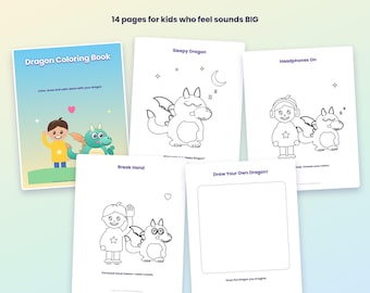 Puede incluir: Un libro para colorear de dragones con 14 páginas para niños que sienten los sonidos FUERTE. La portada muestra a un niño y un dragón, mientras que las páginas interiores presentan dibujos lineales de un dragón dormido y un niño con auriculares.