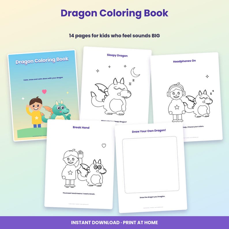 May include: A Dragon Coloring Book with 14 pages for kids who feel sounds BIG. The cover features a child and a dragon, while interior pages show line art of a sleepy dragon, a child with headphones, a break hand sign, and a blank drawing space.