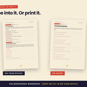 Puede incluir: Dos p&aacute;ginas de The Misophonia Workbook con papel color crema y texto negro. El encabezado superior dice: Two ways to use it. Type into it. Or print it. La p&aacute;gina izquierda se titula The Timing Switch y la derecha The Rule Detector.