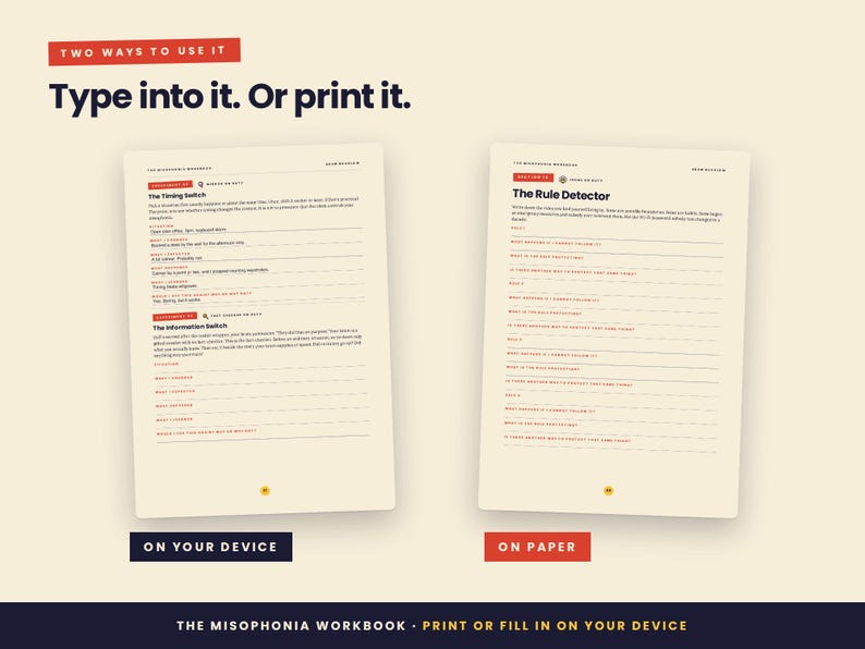 Puede incluir: Dos p&aacute;ginas de The Misophonia Workbook con papel color crema y texto negro. El encabezado superior dice: Two ways to use it. Type into it. Or print it. La p&aacute;gina izquierda se titula The Timing Switch y la derecha The Rule Detector.