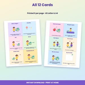 May include: Two printable sheets containing 12 educational cards featuring illustrations of a child and a green dragon. Each card includes text prompts like Hello dragon, Breathe, Tell, Move, Break hand, Headphones on, Rest and snack, and My quiet spots.