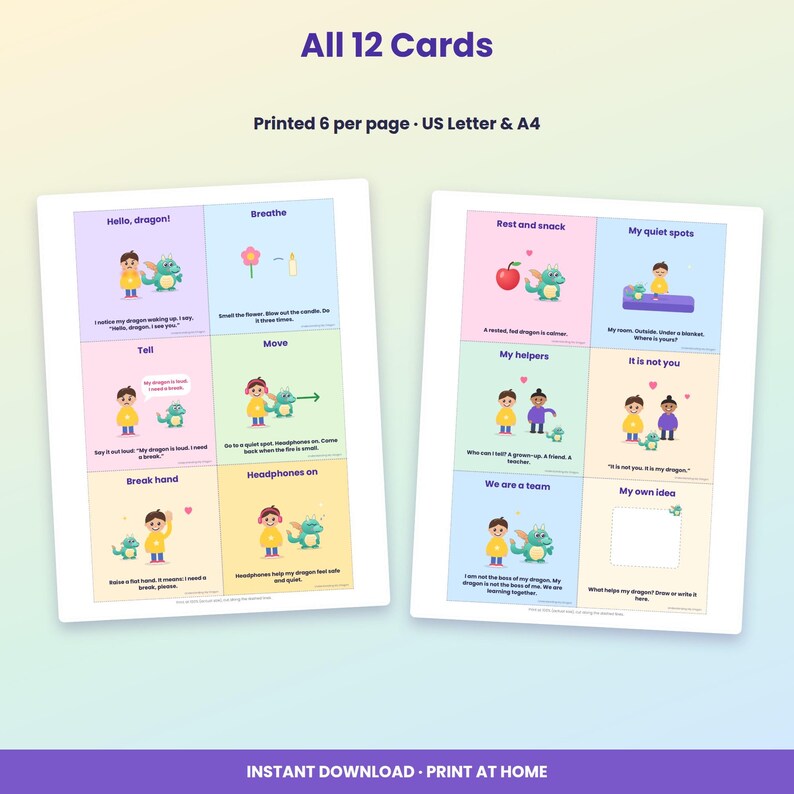 May include: Two printable sheets containing 12 educational cards featuring illustrations of a child and a green dragon. Each card includes text prompts like Hello dragon, Breathe, Tell, Move, Break hand, Headphones on, Rest and snack, and My quiet spots.
