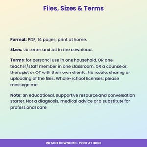 May include: A digital document titled Files, Sizes & Terms. It specifies a 14-page PDF format for home printing in US Letter and A4 sizes. It outlines usage terms for personal, classroom, or clinical settings and includes a disclaimer regarding professional care.