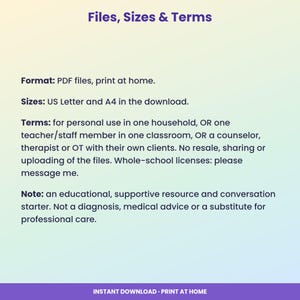 May include: A digital document titled Files, Sizes & Terms with a gradient background. It lists PDF format, US Letter and A4 sizes, personal use terms, and a note stating it is an educational resource, not a substitute for professional care.