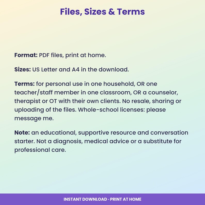 May include: A digital document titled Files, Sizes & Terms with a gradient background. It lists PDF format, US Letter and A4 sizes, personal use terms, and a note stating it is an educational resource, not a substitute for professional care.