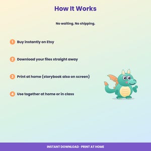 May include: An instructional graphic titled How It Works with a green dragon illustration. The text lists four steps: Buy instantly on Etsy, Download your files straight away, Print at home, and Use together at home or in class. No waiting. No shipping.