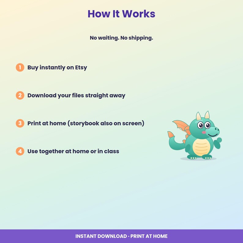 May include: An instructional graphic titled How It Works with a green dragon illustration. The text lists four steps: Buy instantly on Etsy, Download your files straight away, Print at home, and Use together at home or in class. No waiting. No shipping.