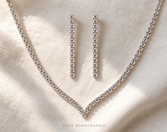 Dainty V Tennis Necklace and Earrings Set, Silver CZ Bridal Jewelry Set, Long Linear Drop Earrings, Wedding Jewelry for Bride, Gift for Her