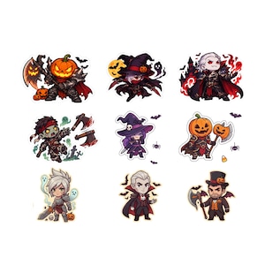 Peut inclure: Un ensemble de neuf autocollants individuels représentant des personnages de style chibi sur le thème d'Halloween, incluant des figures à tête de citrouille, des sorcières, des vampires et des guerriers armés de haches, d'épées et de citrouilles.