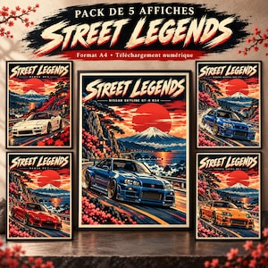 Peut inclure: Un ensemble de cinq affiches intitulées Street Legends représentant des voitures de sport japonaises dont une Nissan Skyline GT-R R34, Honda NSX, Mazda RX-7, Subaru Impreza WRX STI et Toyota Supra MK4 devant le mont Fuji et un soleil rouge.