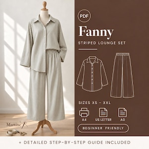 May include: A PDF sewing pattern for a Fanny striped lounge set, featuring a long-sleeve button-down shirt and wide-leg pants. The image displays the finished garment on a mannequin, technical line drawings, and size range XS to XXL.