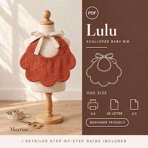 May include: A rust-colored scalloped baby bib with a beige gingham ribbon tie, displayed on a mannequin. The digital pattern includes text reading Lulu Scalloped Baby Bib, PDF, One Size, A4, US Letter, A0, Beginner Friendly, and Detailed Step-by-Step Guide Included.