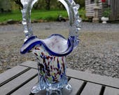 Murano type glass basket, bonbon dish, or posy dish, swirl detail on handle, vintage collectible glass, art glass, Easter home decor