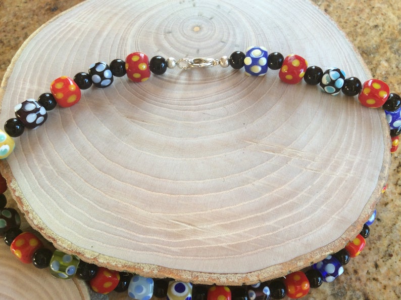 dots pattern white black Vintage jewelry necklace lampwork glass beads green yellow and blue colours red