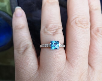 Engagement or promise ring, silver ring, square checker cut blue gemstone, gift for her, Mothers Day