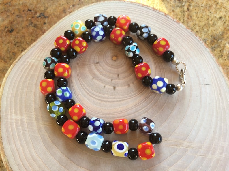 dots pattern white black Vintage jewelry necklace lampwork glass beads green yellow and blue colours red