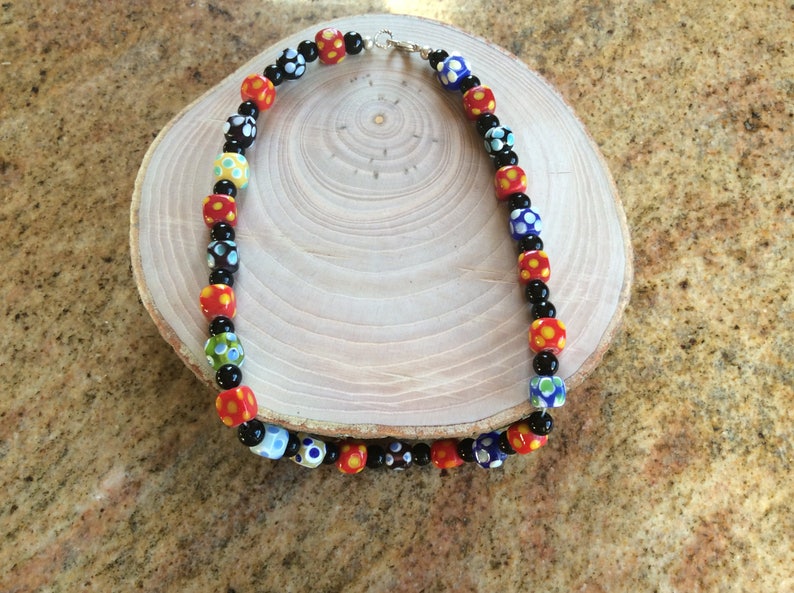 dots pattern white black Vintage jewelry necklace lampwork glass beads green yellow and blue colours red