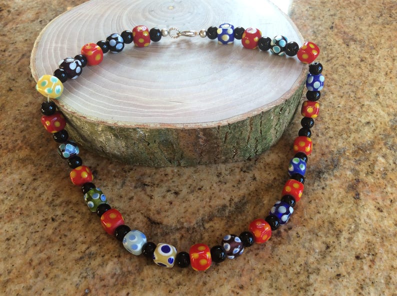 dots pattern white black Vintage jewelry necklace lampwork glass beads green yellow and blue colours red