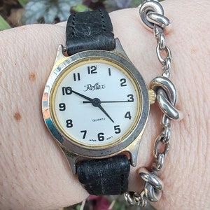 Reflex gold ladies watch, black Leather strap,  vintage sustainable gift, Mothers Day gift
