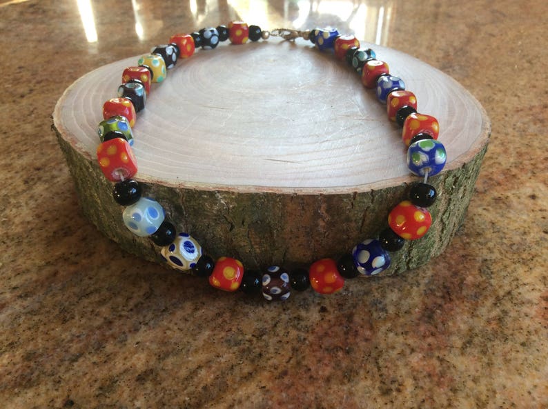 dots pattern white black Vintage jewelry necklace lampwork glass beads green yellow and blue colours red