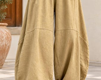 100% Cotton Linen Harem Pants, Wide Leg Balloon Trousers, High Waist Loose Fit
