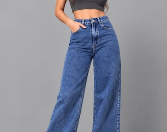 Women's Wide Leg Baggy Jeans, High Waist Loose Fit Denim Pants, Casual Streetwear Trousers