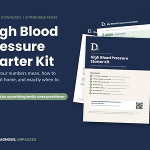 May include: A High Blood Pressure Starter Kit consisting of 8 printable pages. The document features a dark blue header with the title, a list of contents including a blood pressure zone plan, a weekly log, and a medication list, plus a QR code.