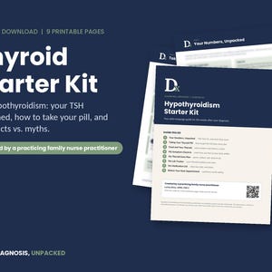 May include: A nine-page printable Thyroid Starter Kit document for hypothyroidism. The cover page features a dark blue header with the text Thyroid Starter Kit, Diagnosis Unpacked, and a list of contents including lab trackers and medication lists.