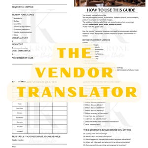 Może przedstawiać: Wydrukowany dokument zatytułowany The Vendor Translator zawierający formularz zmiany, instrukcję obsługi, listę kontrolną spotkań z dostawcami oraz tabelę służącą do porównywania ofert od różnych dostawców.