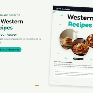 May include: A digital recipe booklet titled 30 Western Recipes For your helper, featuring English and Tagalog text. The cover displays circular images of pancakes, pasta, and pizza, with a button labelled Instant PDF download on a light background.