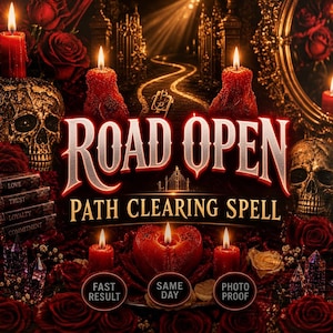 May include: A digital graphic featuring the text ROAD OPEN PATH CLEARING SPELL with FAST RESULT, SAME DAY, and PHOTO PROOF labels. The scene includes red candles, skulls, roses, and crystals arranged around a central path leading to a gate.