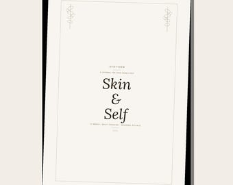 May include: A white journal cover with black text reading Quietform, A Journal for Your Skin & Self, Skin & Self, 12 Weeks, Daily Tracking, Seasonal Rituals, 2024. The design features thin black borders and delicate line art icons.