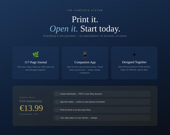 May include: A digital product advertisement on a dark blue background featuring the text: The Complete System. Print it. Open it. Start today. It details a 117-page journal, a companion app, and a design system for tracking data and reflections.