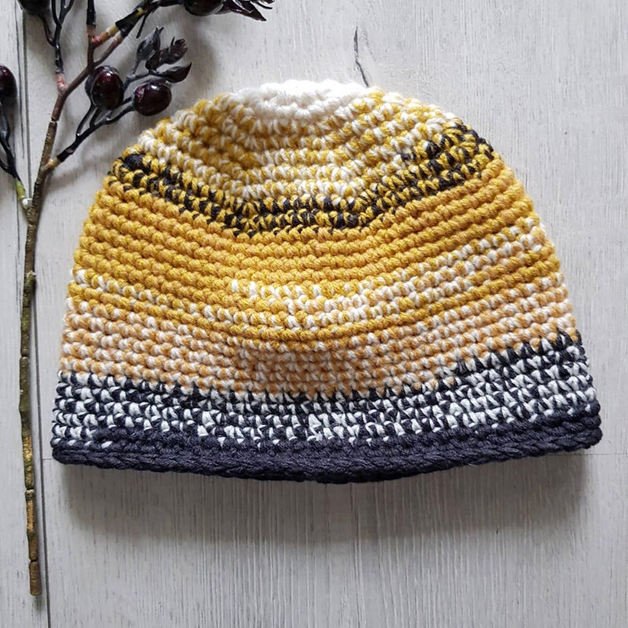 Mens Funky Hats, Fisherman Beanie Docker Style, Yellow Crocheted Watch Cap - Leon Mustard Skull Cap, Snug Short Trawler Skullcap Unisex