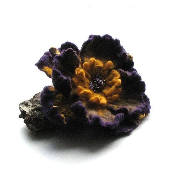 Felted Flower Brooch - Felted Brooch PURPLE Brooch Mustard felt nuno nunofelt poppy silk flower