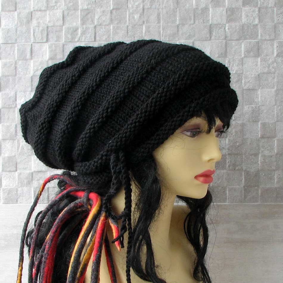 Best Hat for Dreadlocks, Slouchy Beanie for Large Head, Extra Long, with Drawstring, Winter Accessories Hand Knitted Unisex