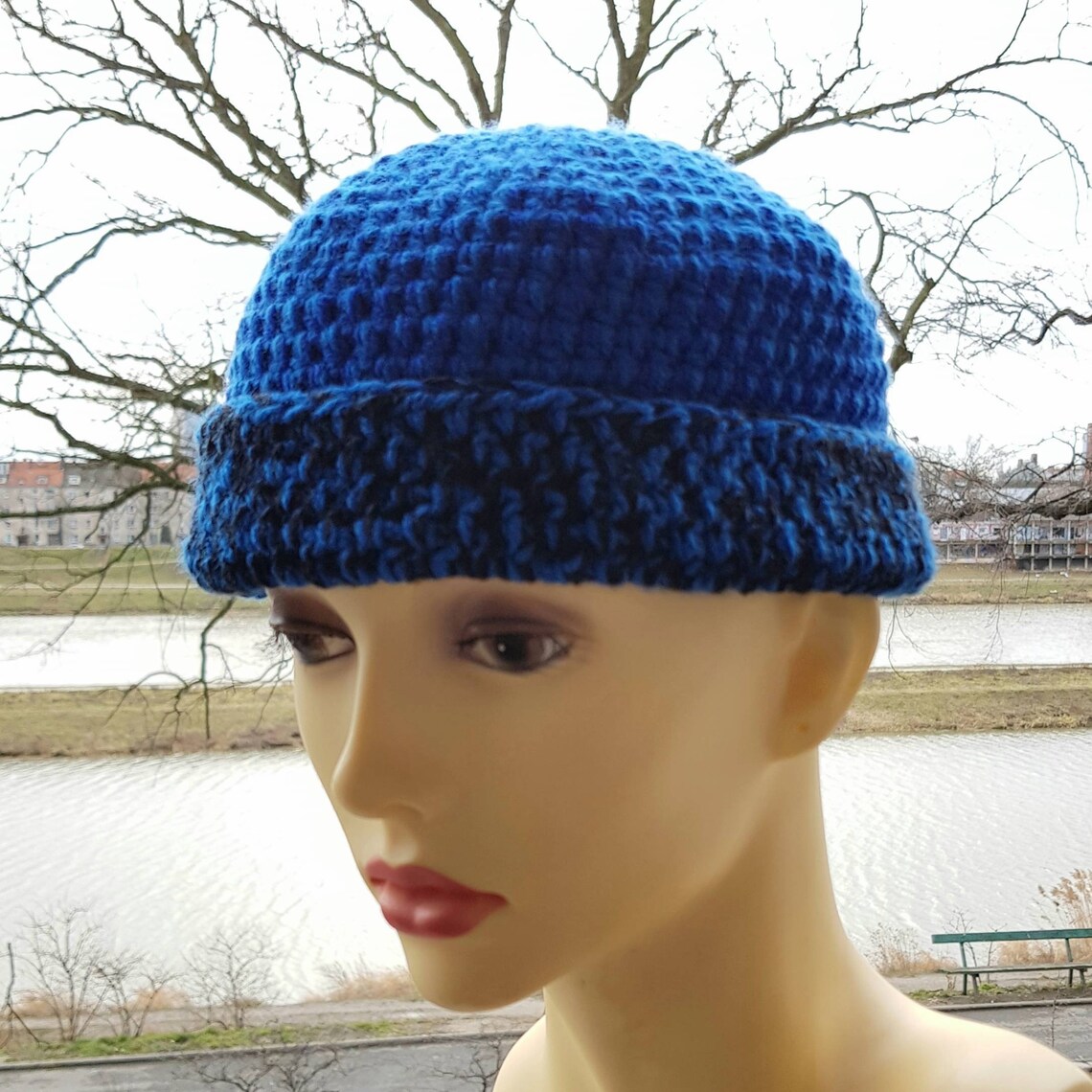Mens Skull Cap Blue Black Skullcap Crochet Beanie for Men Etsy